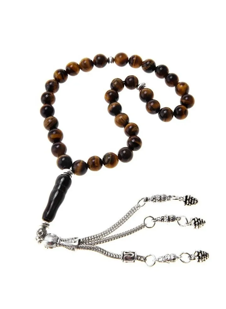 Real Tiger Eye Stone Rosary with Metal Blocks 33 Beads 8mm
