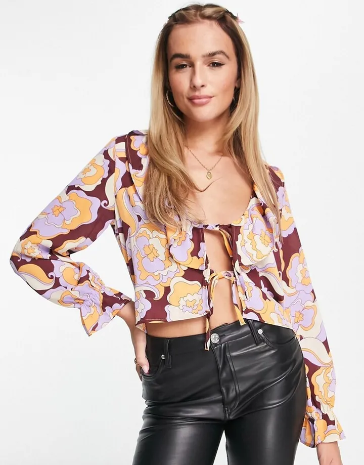 Monki chiffon ruffle blouse in floral print