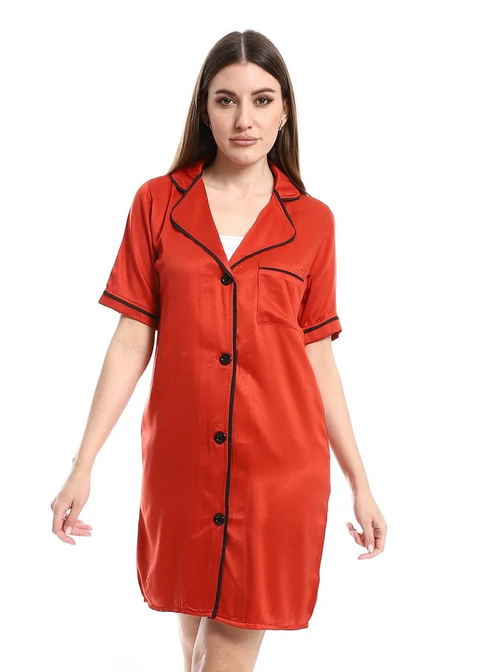 Short Sleeves Notch Collar Nightwear Sleepshirt _ Burgundy