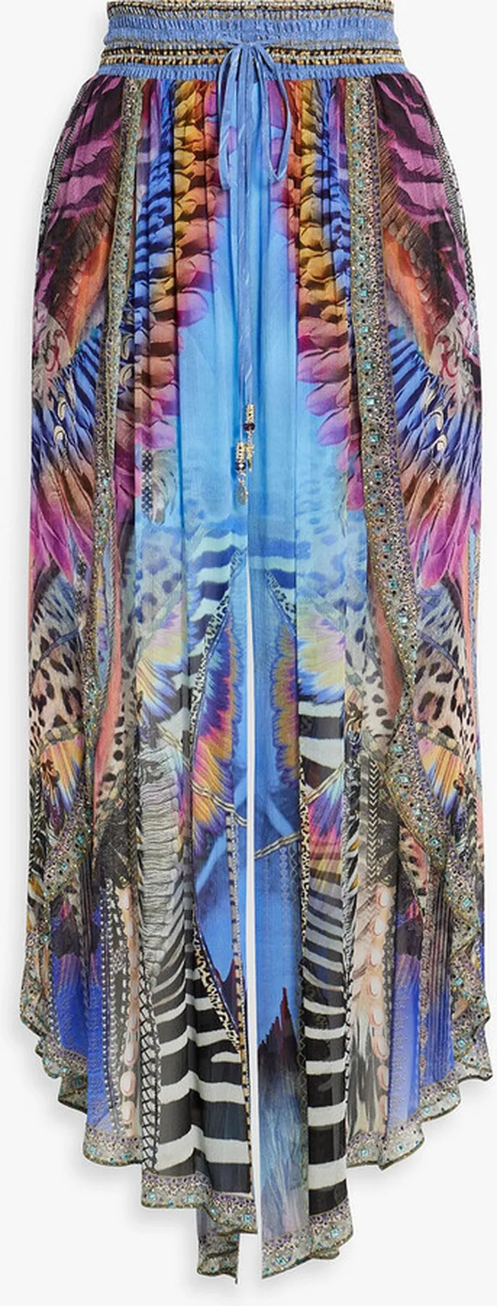 Crystal-embellished printed silk crepe de chine wide-leg pants