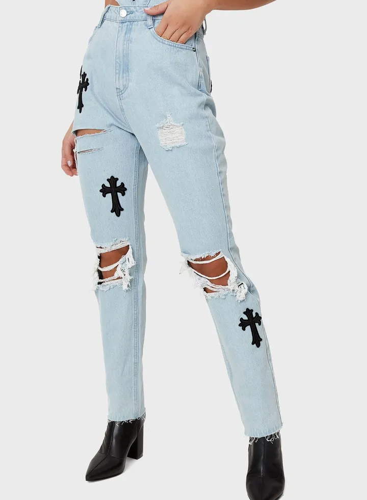 Cross Patched High-Rise Jeans Blue