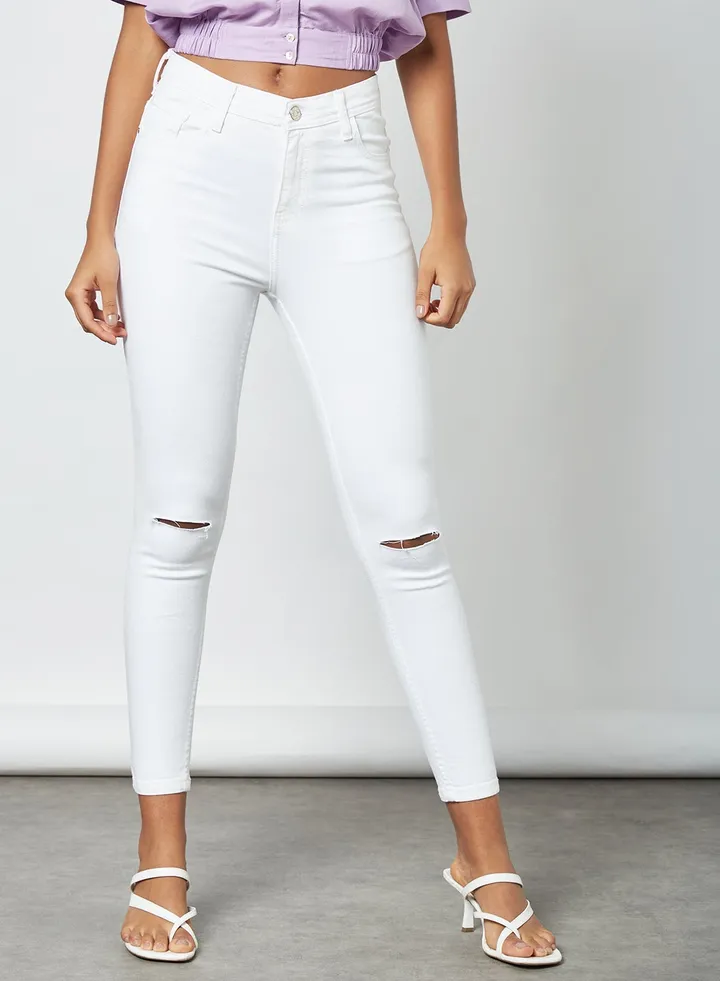 Mid Rise Skinny Ripped Jeans White