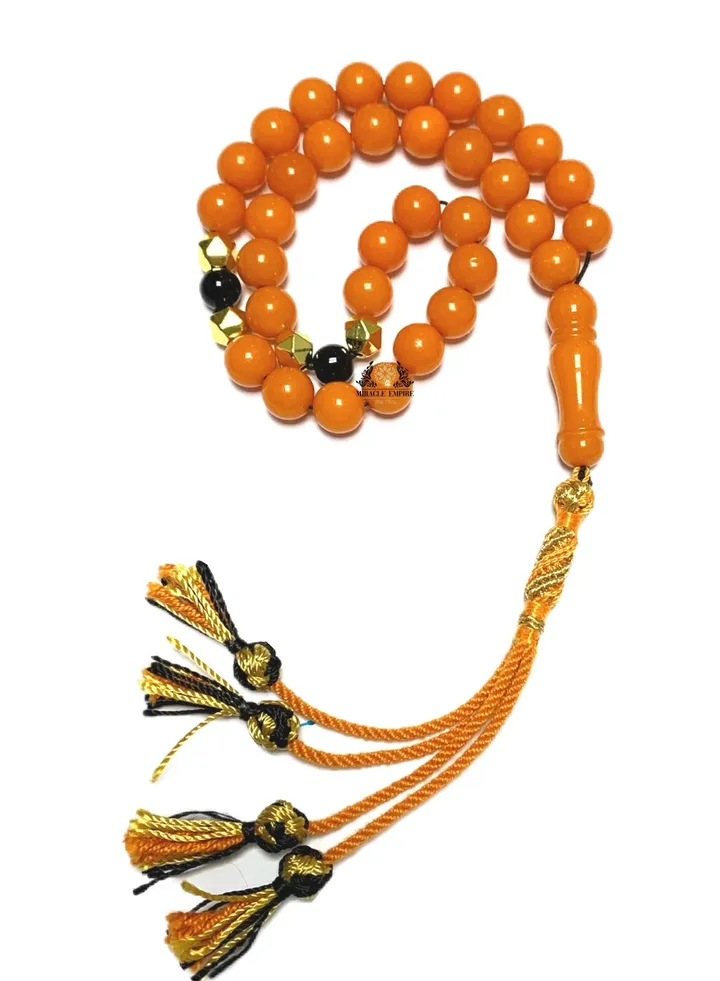 Islamic Prayer Beads 33 Natural Onyx Gold Plated Hemitate And Deep Orange Color Amber Sand