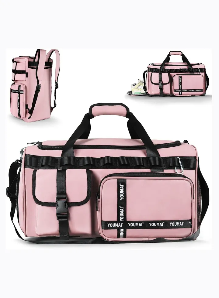 2 in 1 Gym Sports Bag for Men Women, 45L Portable Travel Lightweight Waterproof Sport Bags Luggage Hand Carry Bag for Sports, Gym, Vacation Weekend Travel Bag (Pink)