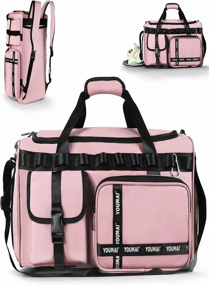 Gym Bag 2 in 1 Travel Bag, 45 L Portable Travel Lightweight Waterproof Travel Luggage Hand Carry Bag for Weekender Sports, Gym, Vacation Weekend Bag for Men Women (Pink)