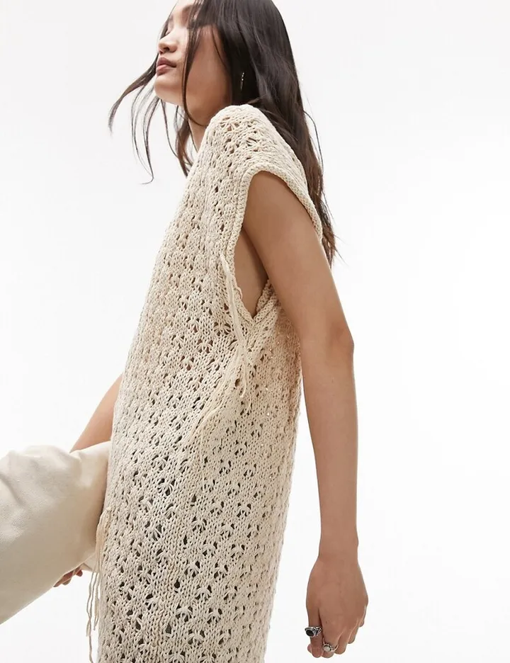 Topshop knitted stitchy sleeveless mini dress in stone