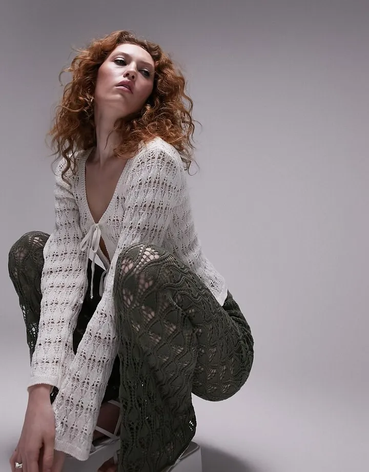 Topshop knit tie front crochet stitch cardigan in ivory