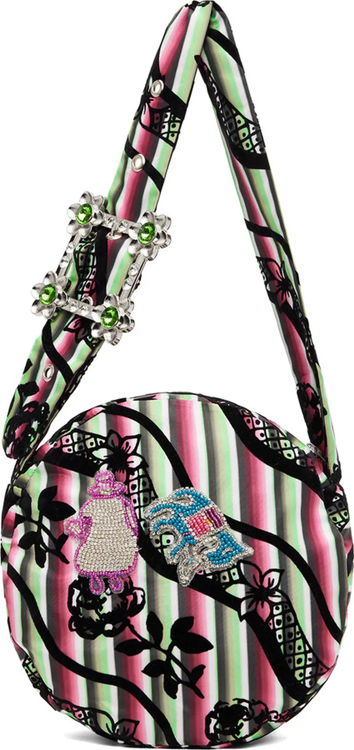 Chopova Lowena Pink & Green Mini Stripe Rose Bag