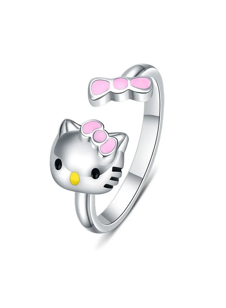 Silver Plated Kitty Ring,Adjustable Open-ended Kitten Ring, Cute HelloKitty Rings,Jewelry Gift for Girls and Women