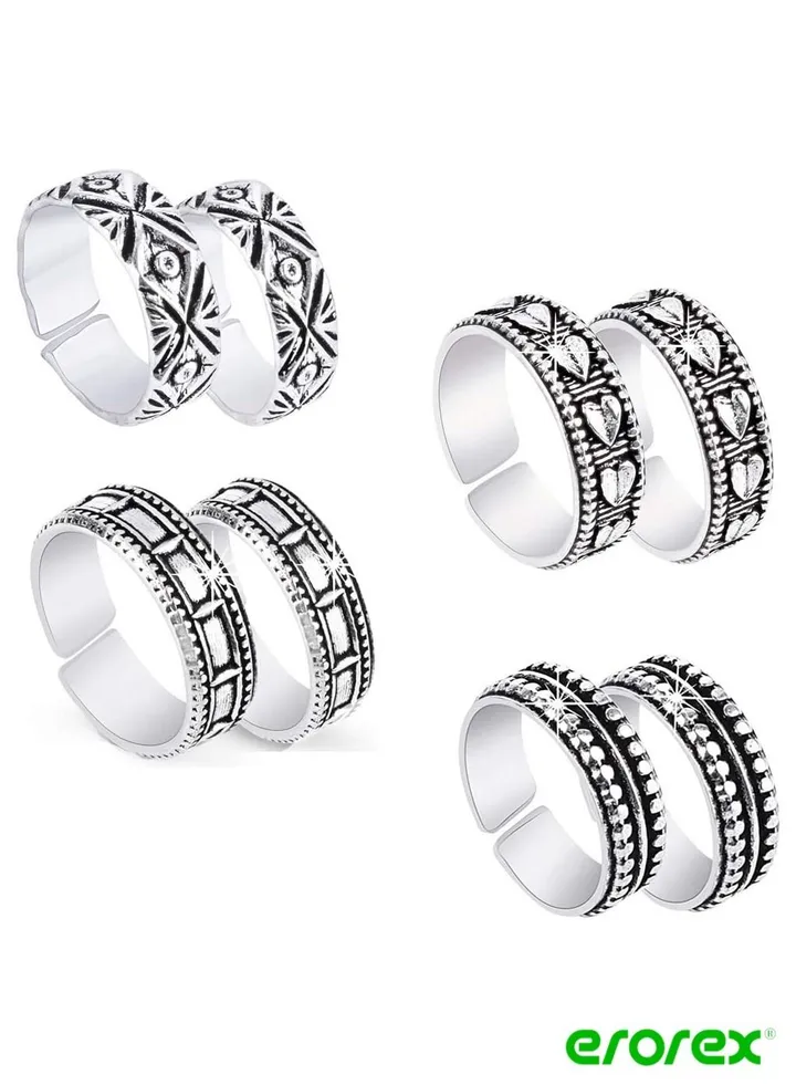 Silver Oxidized 4 Pairs Combo German Silver Toe Ring for Women and Girls
