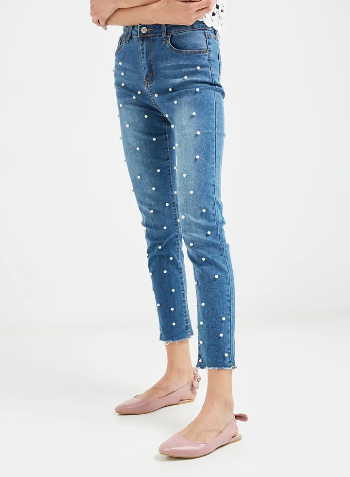 Pearl Beaded Jeans Blue