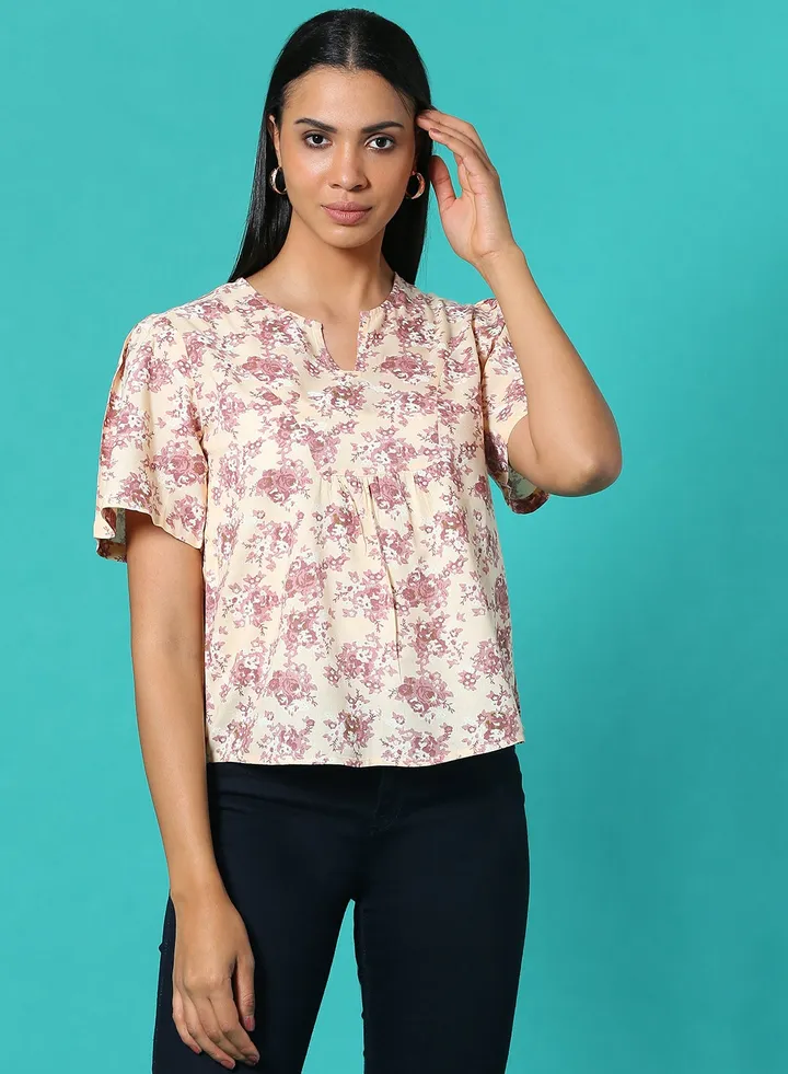 Casual Printed Top Cream/Brown/White