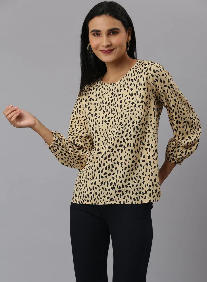 All-Over Printed Balloon Sleeve Top Beige/Black