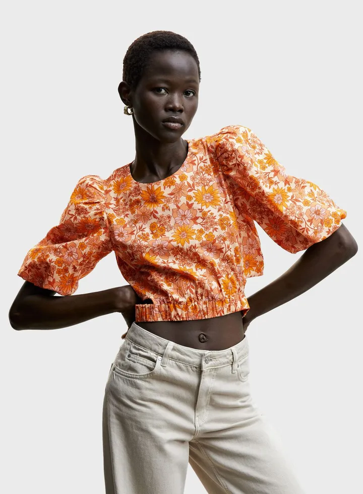 Floral Print Balloon Sleeve Top