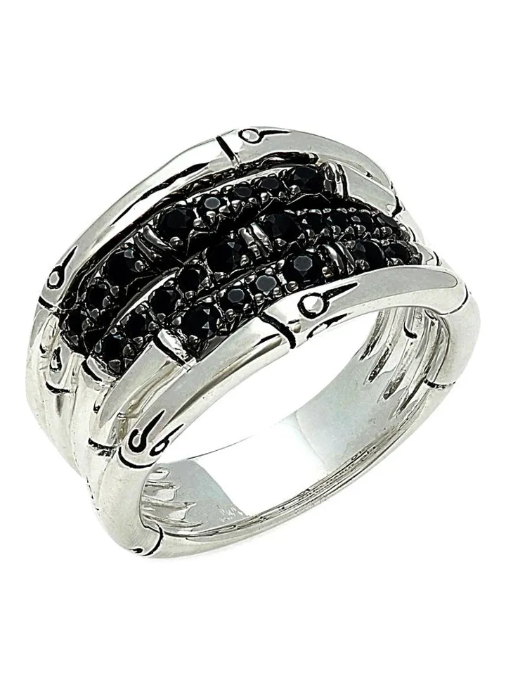 Bamboo Sterling Silver and Black Sapphire Ring for Women Size 7
