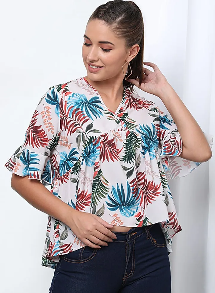 Fashionable Floral V-Neck Blouse Top Beige