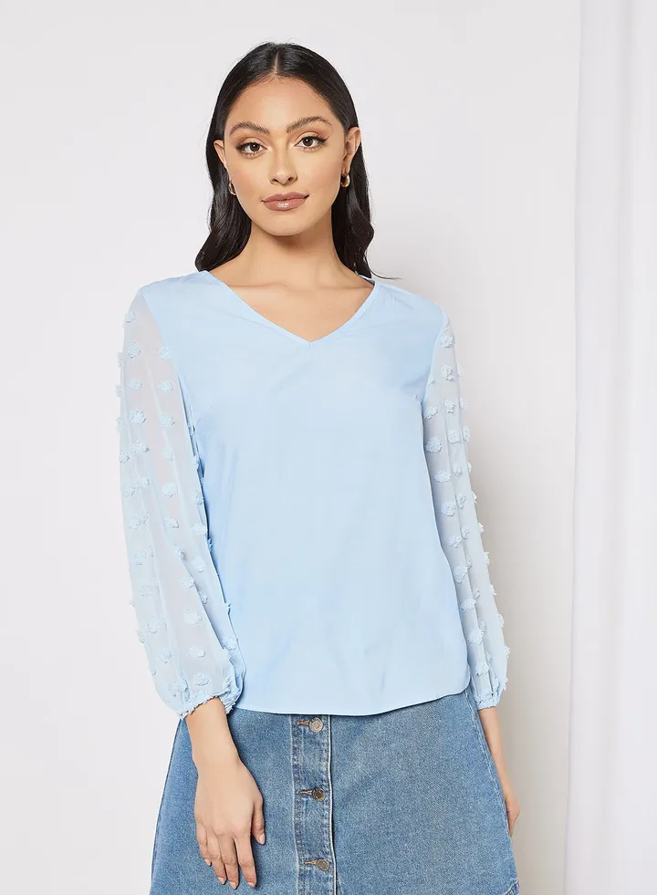 Mesh Sleeve Blouse Blue
