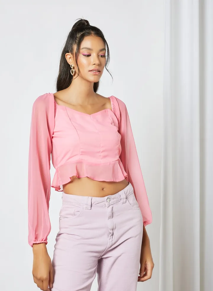 Ruffled Detail Crop Top Pink