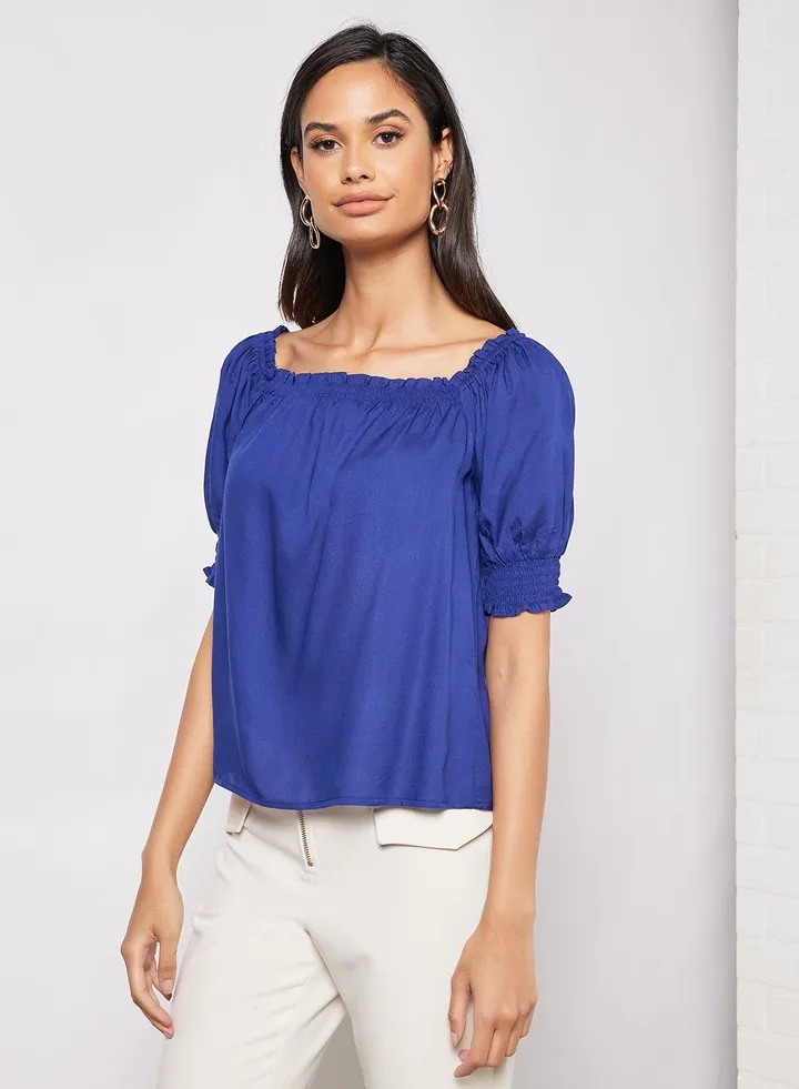 Women's Casual Smocked Half Sleeves Blouse Navy