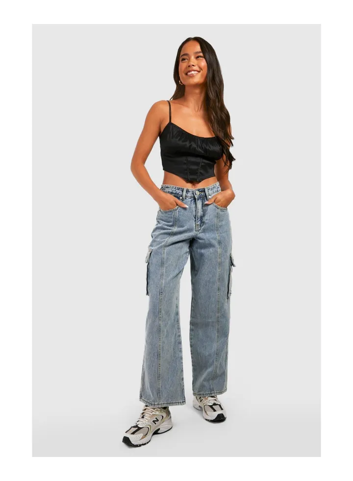 Petite Acid Wash Pocket Detail Cargo Jeans