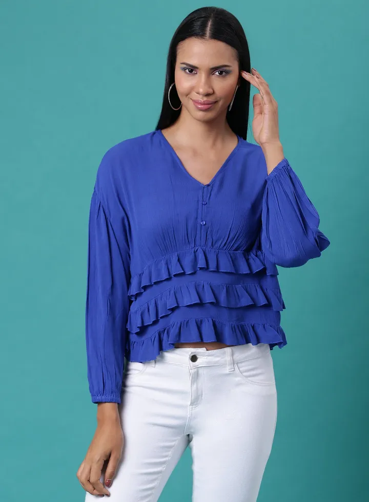 V-Neck Ruffle Detail Top Royal Blue