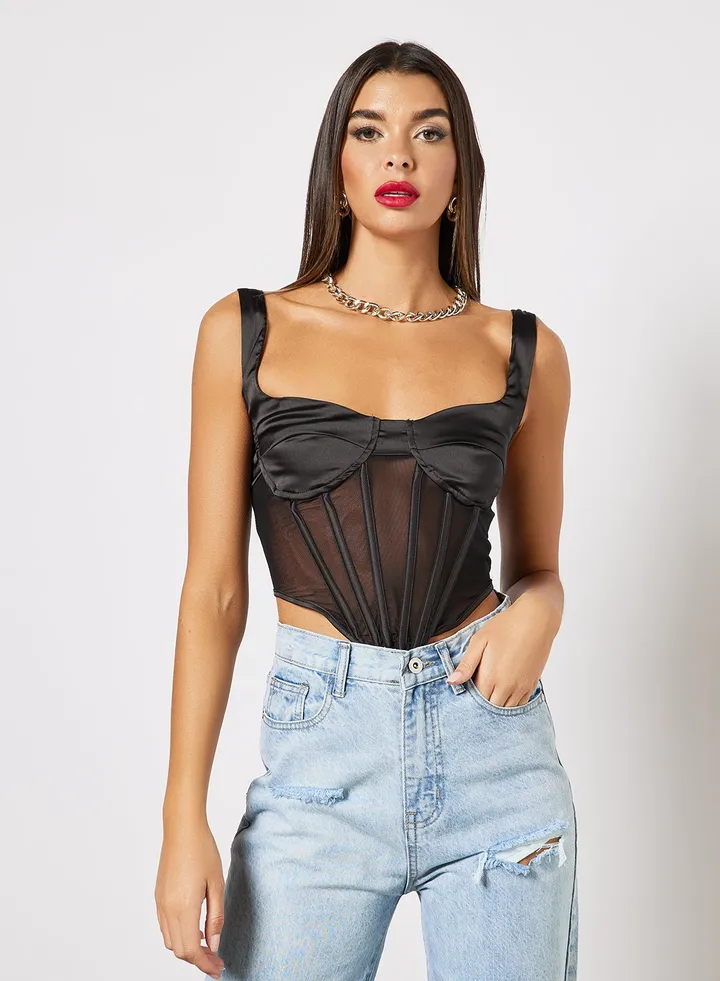 Sheer Detail Corset Top Black