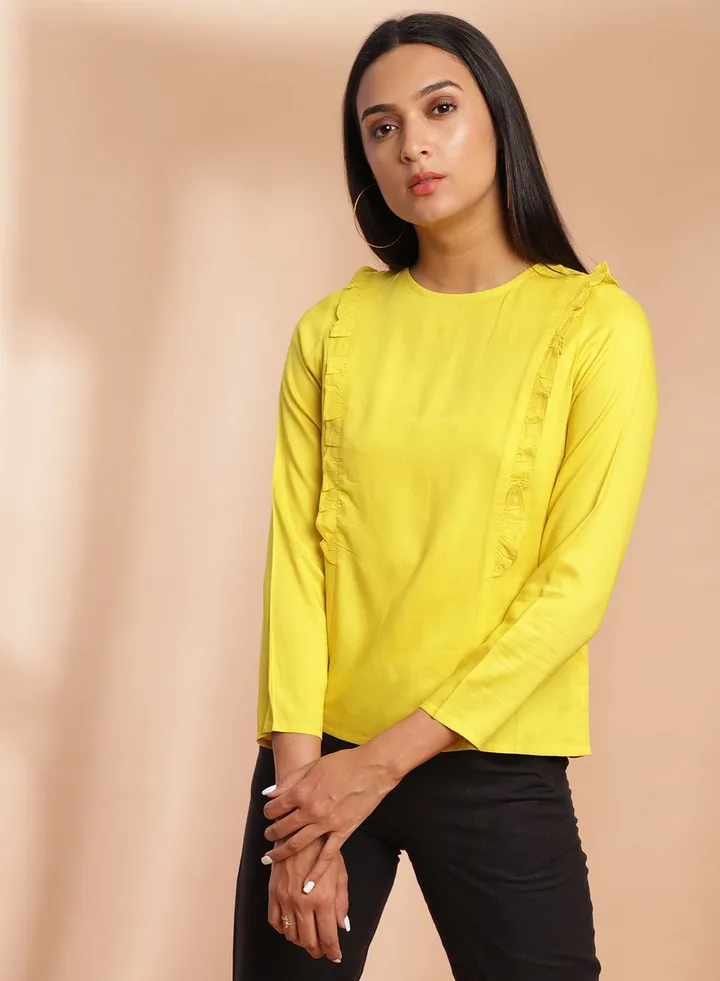 Round Neck Casual Top Lime Yellow