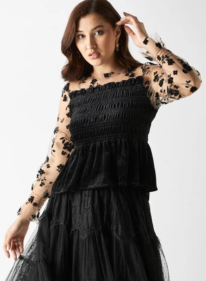 Mesh Detailed Ribbed Top