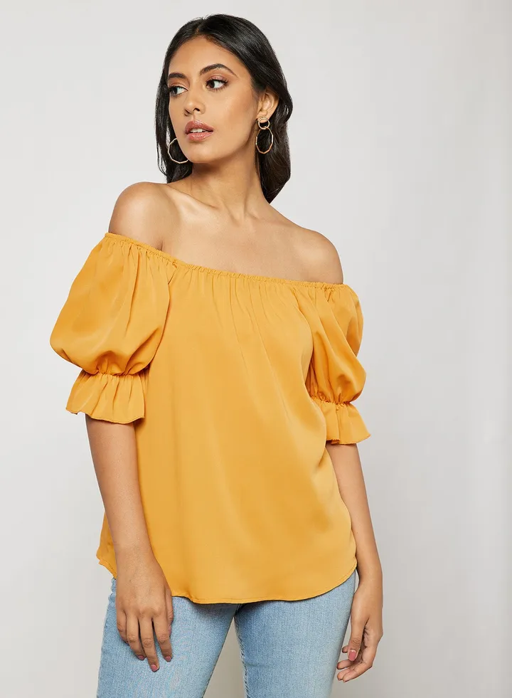 Women's Solid Design Casual Puff Sleeve Top Yellow