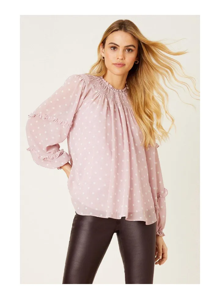 Pink Spot Shirred Yoke Blouse