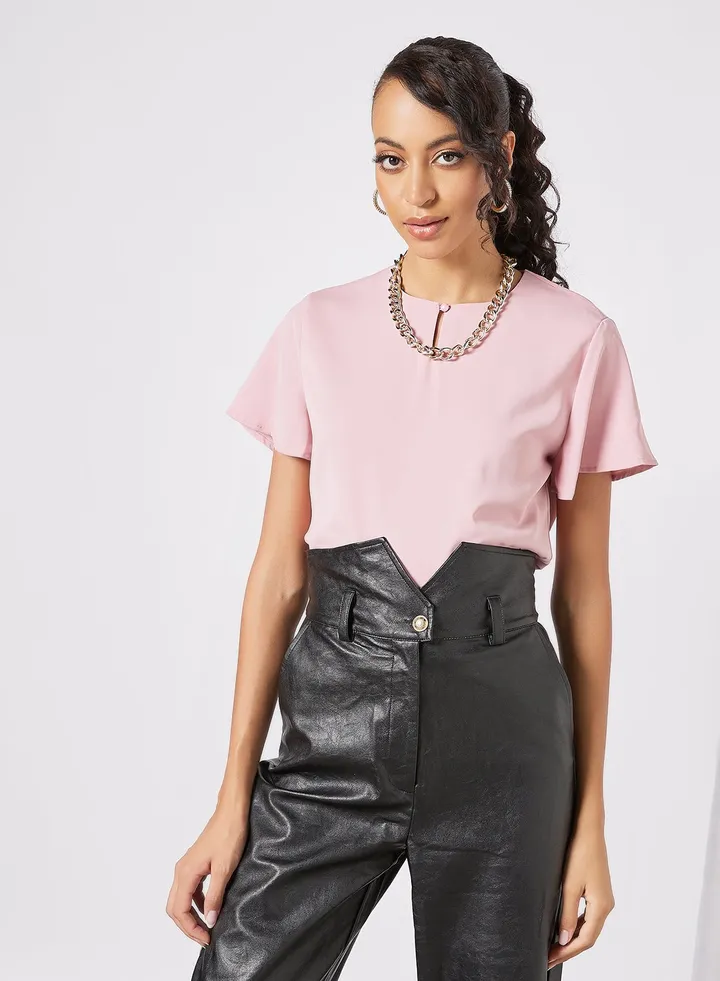 Women's Casual Keyhole Neck Short Bell Sleeve Casual Top Pink