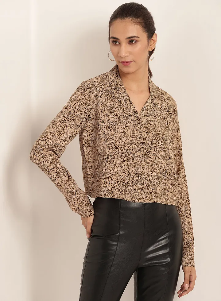 Lapelled Front Long Sleeves Blouse Brown/Black