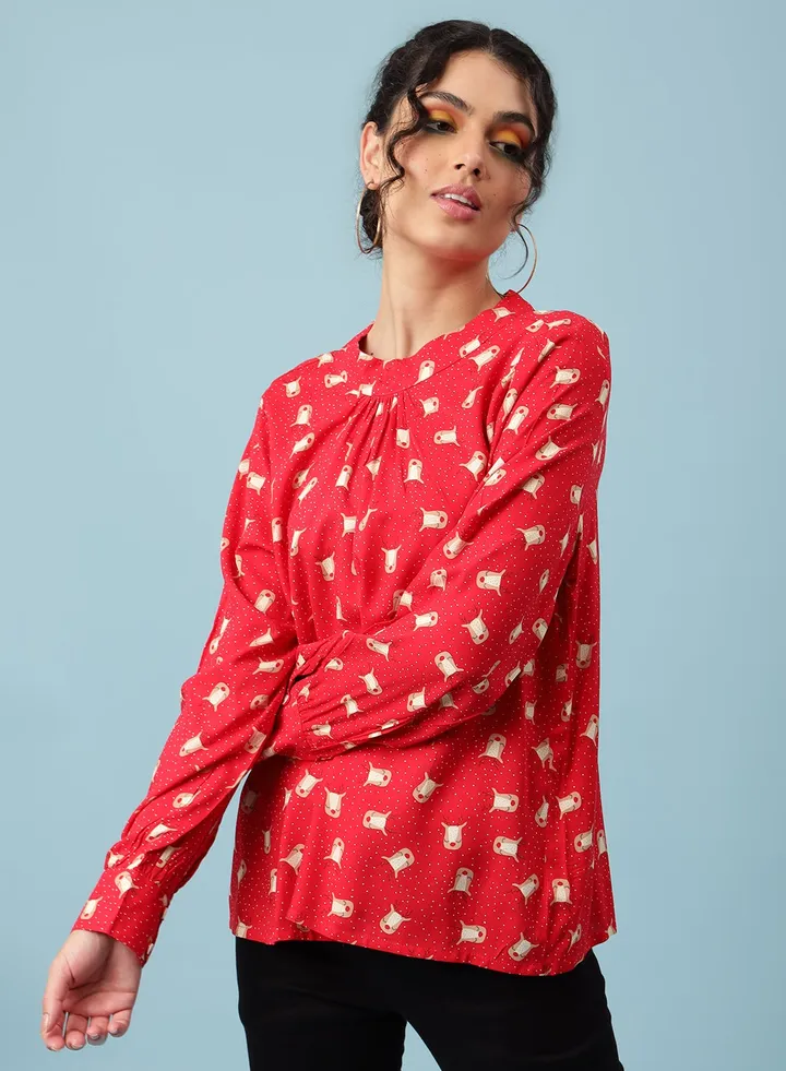 Long Sleeve Printed Top Red