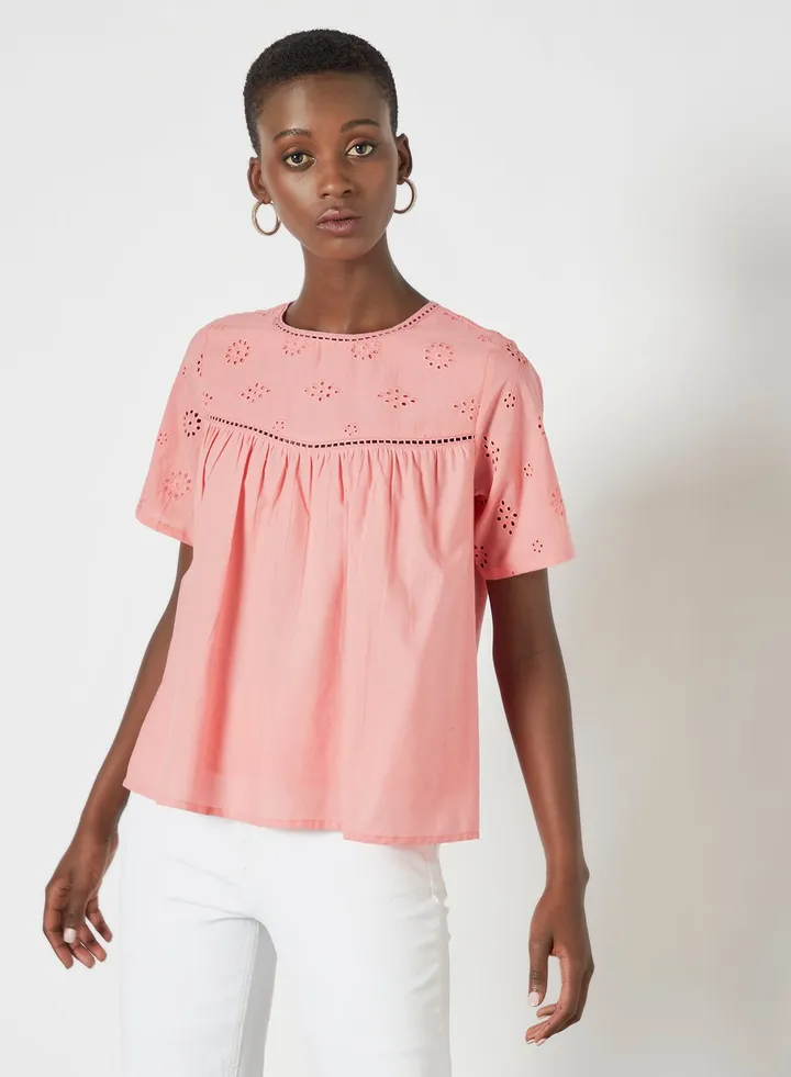 Casual Round Neck Plain Blouse Top Pink