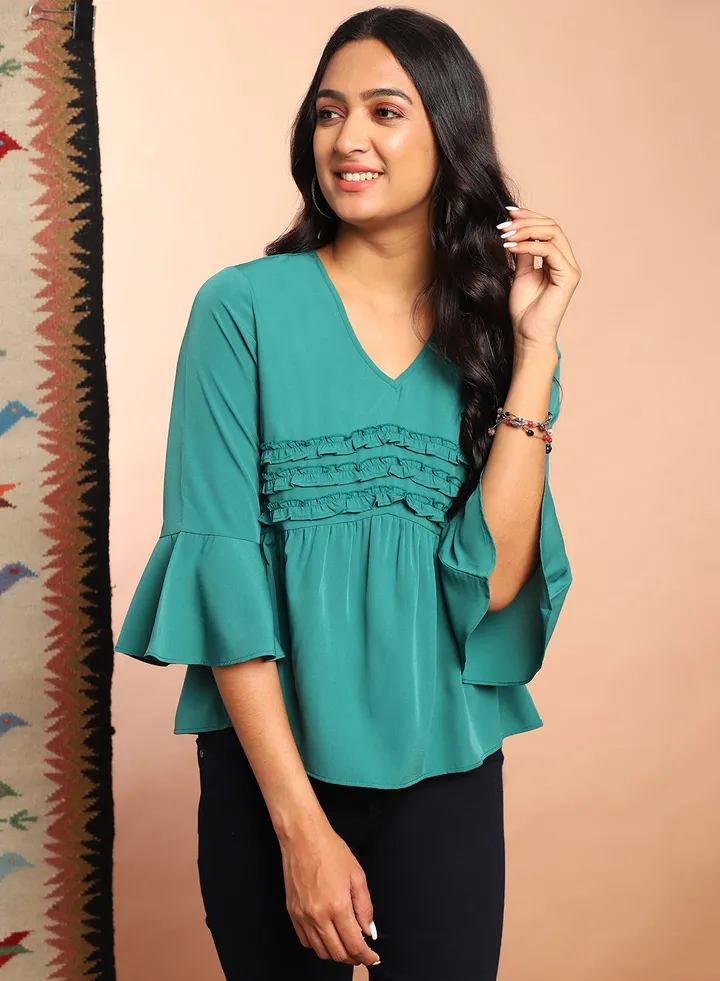 Bell Sleeve Casual Top Green