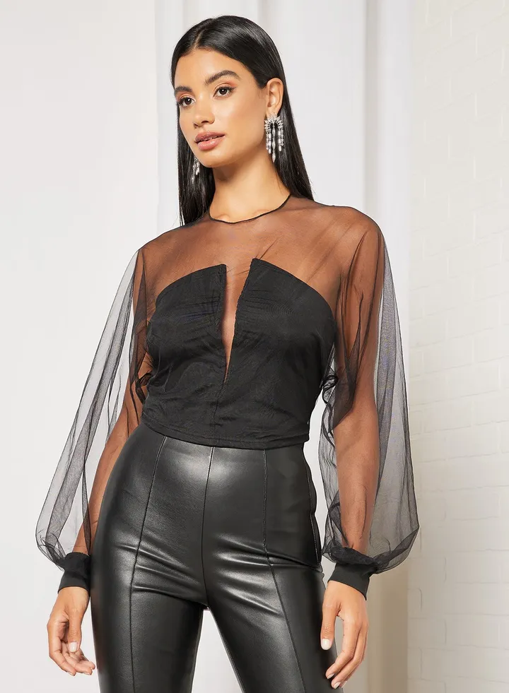 Sheer Sleeve Crop Top Black