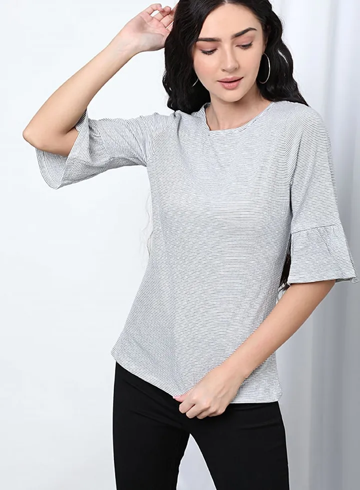 Round Neck Bell Sleeve Woven Top White