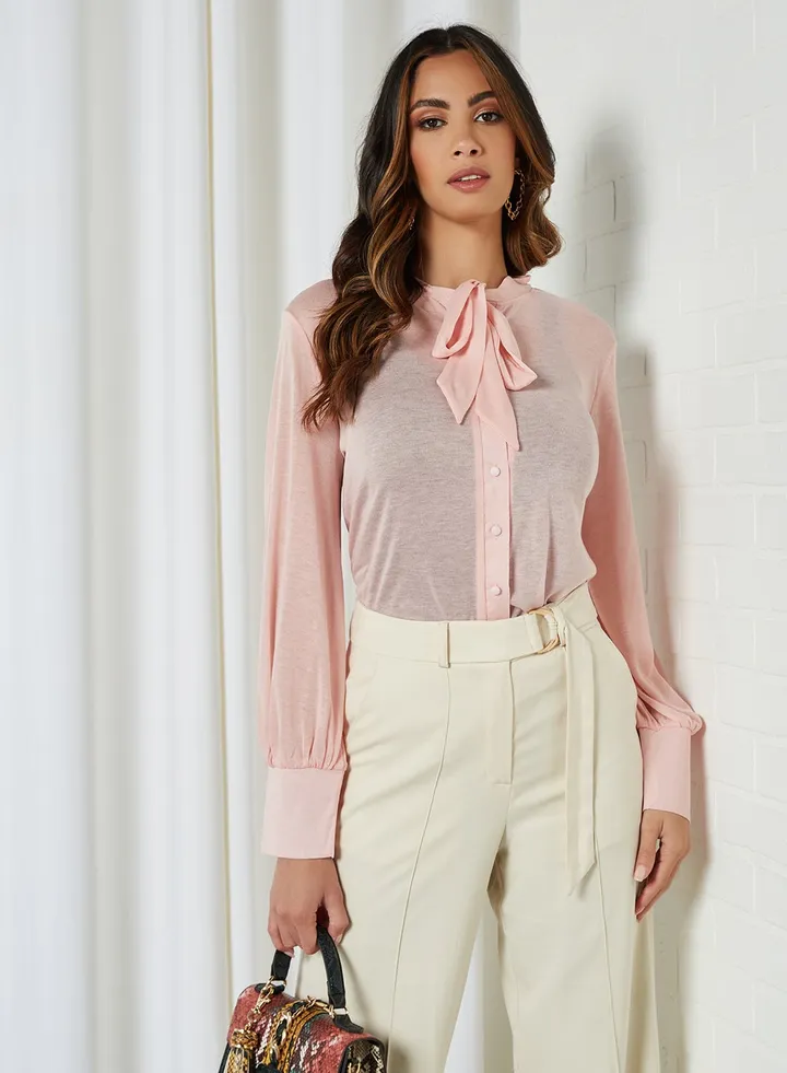 Tie-Up Neck Blouse Pink