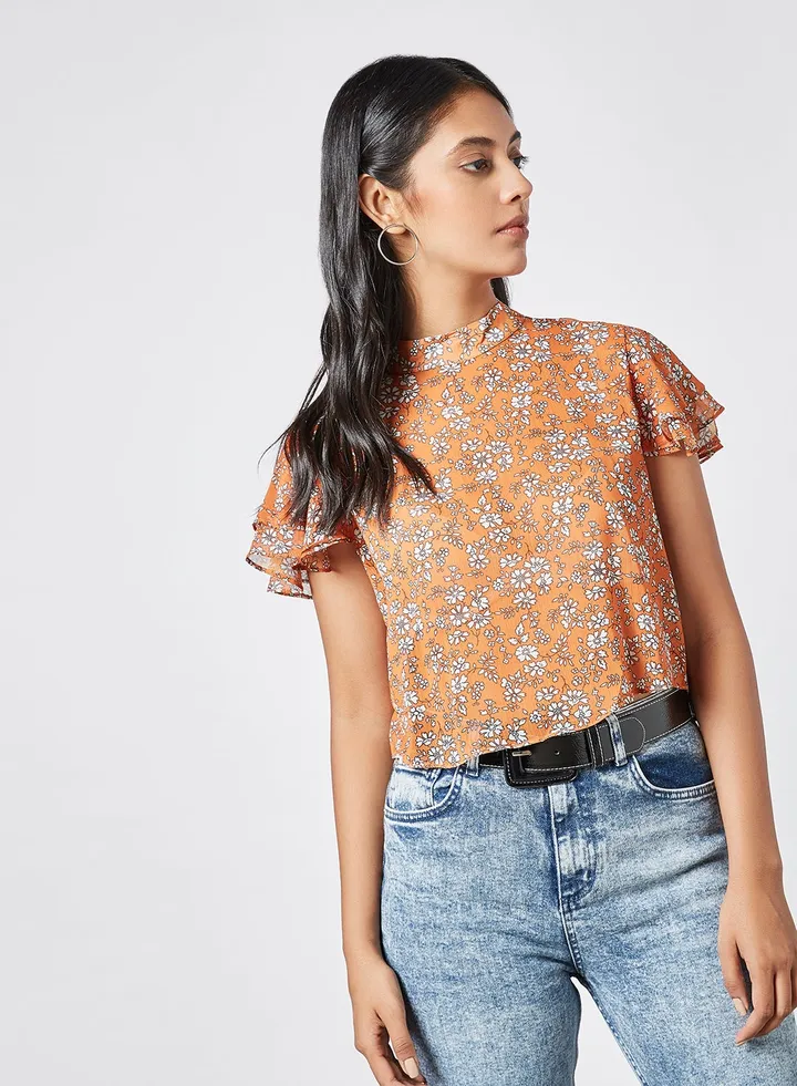 Ruffled Sleeve Floral Top Orange