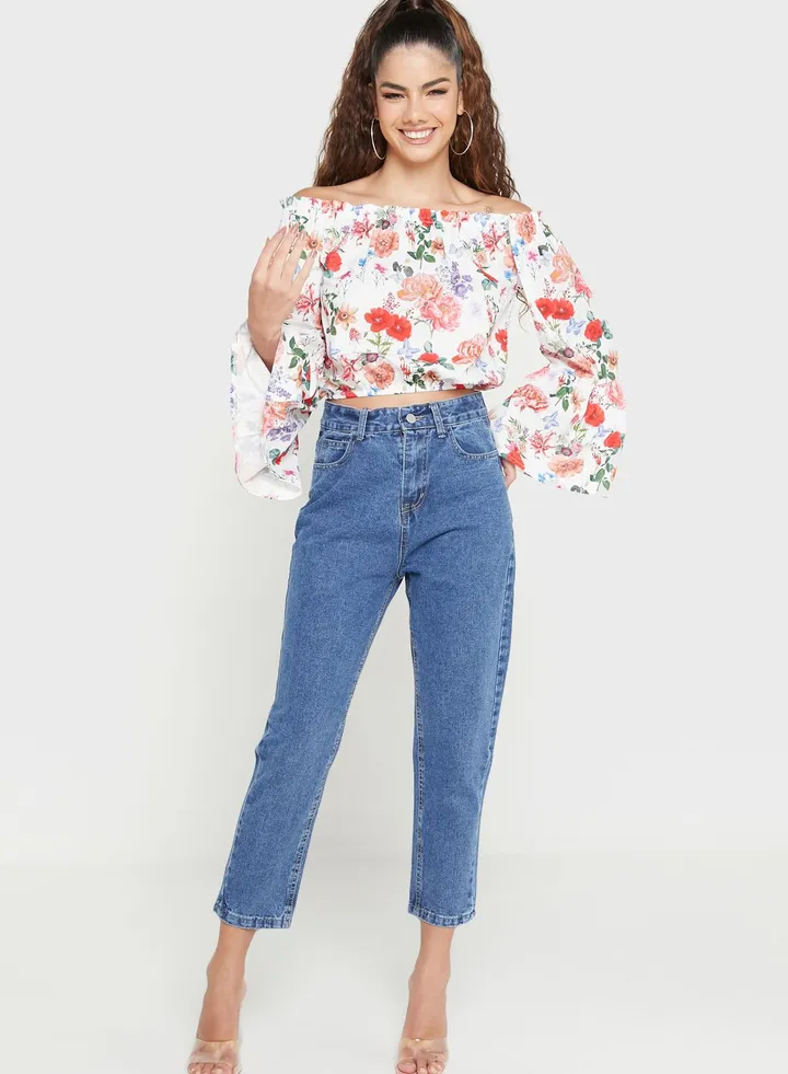 Printed Off-Shoulder Crop Top