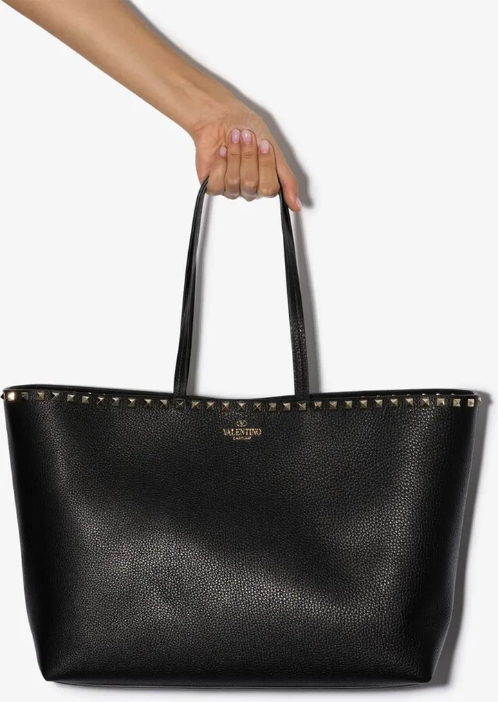 Black Rockstud Leather Tote Bag