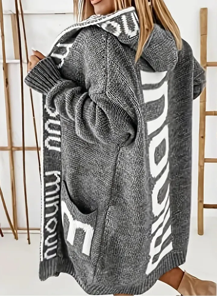 Letter Print Waterfall Collar Knit Cardigan, Casual Hooded Long Sleeve Sweater With Pockets, Women's Clothing