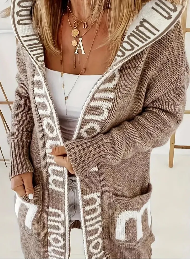 Letter Print Waterfall Collar Knit Cardigan, Casual Hooded Long Sleeve Sweater With Pockets, Women's Clothing