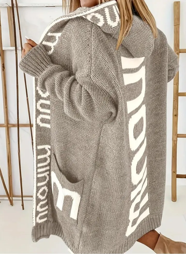 Letter Print Waterfall Collar Knit Cardigan, Casual Hooded Long Sleeve Sweater With Pockets, Women's Clothing