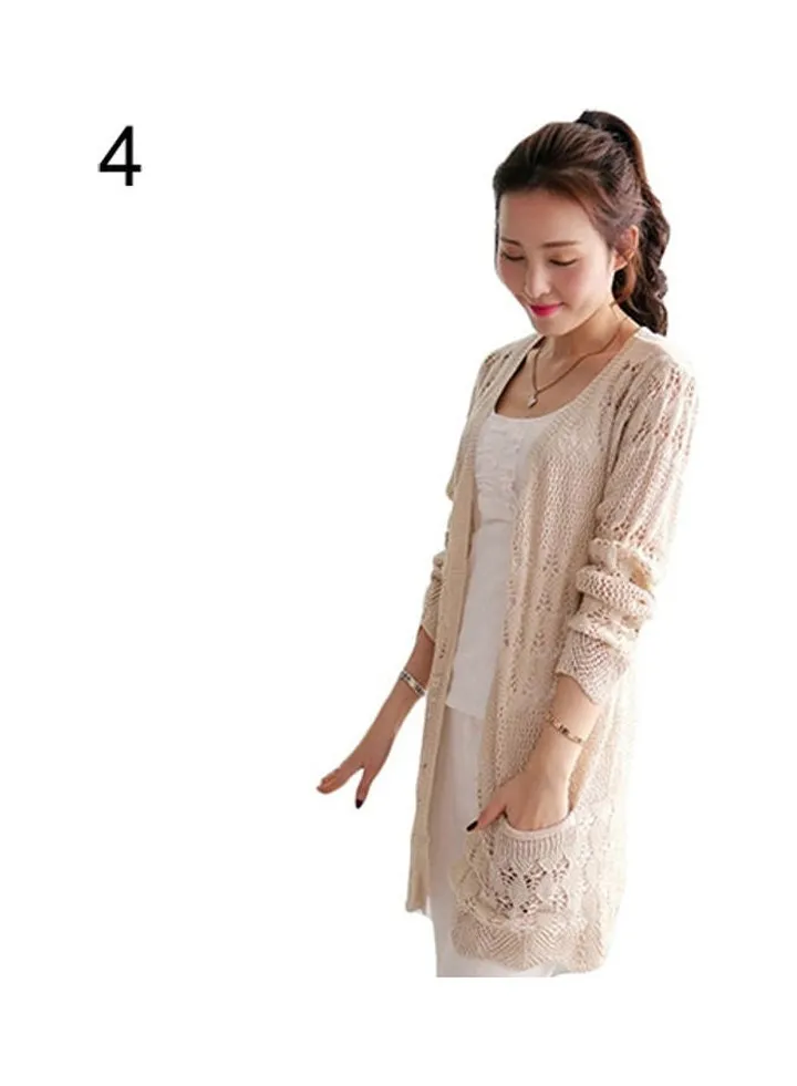 Women Koren Style Cardigan Knitwear Hollow Long Sleeve Casual Outwear Tops Beige