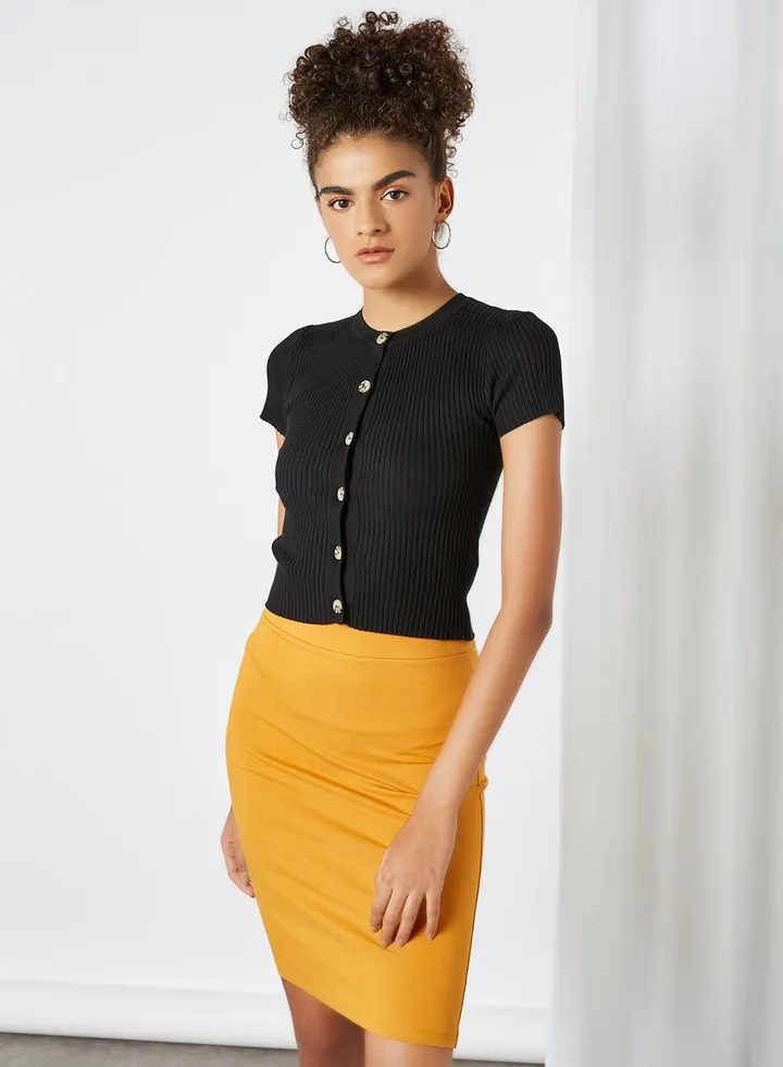 Front Button Round Neck Short Sleeve Casual Cardigan Black
