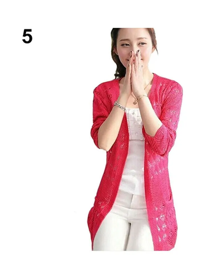 Fashion Women Sweet Long Sleeve Hollow Cardigan Knit Tops Knitwear Coat Outwear Red