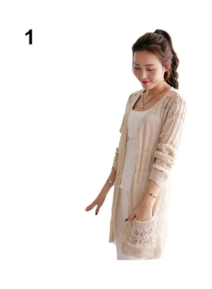 Fashion Women Sweet Long Sleeve Hollow Cardigan Knit Tops Knitwear Coat Outwear Beige