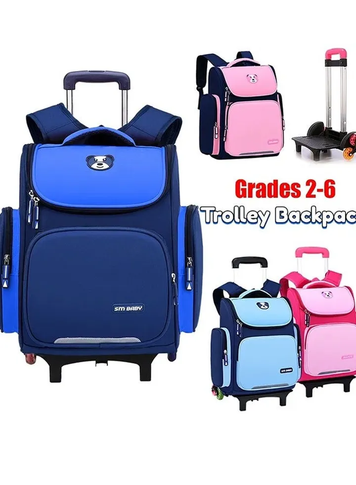 Trolley Bags Elementary School Students Schoolbag Boys And Girls 1-6 Grade 6 Wheels Climbing Large Capacity Dragging Bag Blue