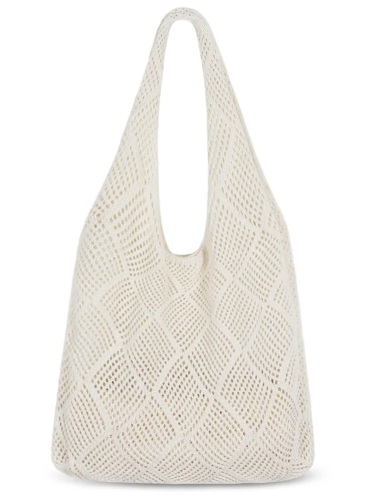 Crochet Tote Bag, Mesh Beach Bag Knit Summer Hobo Vacation Boho for Women, Beige